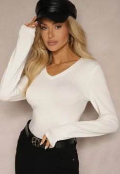 Biała Bawełniana Bluzka Longsleeve z Dekoltem w Kształcie Litery V Kairelle