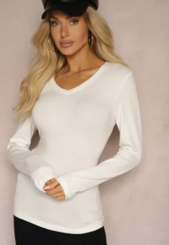 Biała Bawełniana Bluzka Longsleeve z Dekoltem w Kształcie Litery V Kairelle
