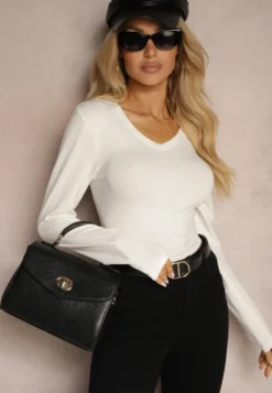 Biała Bawełniana Bluzka Longsleeve z Dekoltem w Kształcie Litery V Kairelle