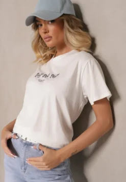 Biała Bawełniana Bluzka T-shirt Oversize z Aplikacją w Kształcie Motyli Elmaris