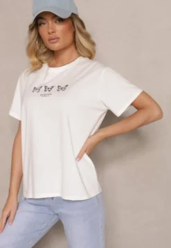 Biała Bawełniana Bluzka T-shirt Oversize z Aplikacją w Kształcie Motyli Elmaris