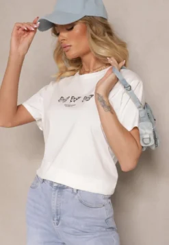 Biała Bawełniana Bluzka T-shirt Oversize z Aplikacją w Kształcie Motyli Elmaris