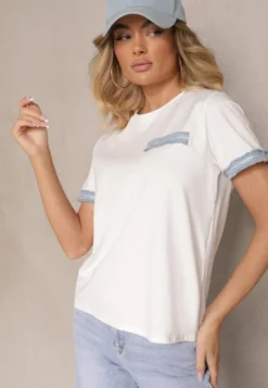 Biała Bawełniana Bluzka T-shirt Oversize z Ozdobnym Wykończeniem Mirnil
