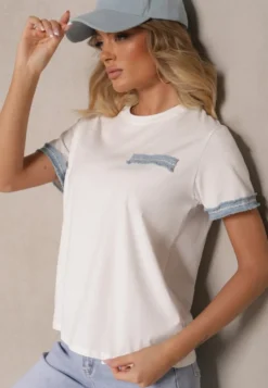 Biała Bawełniana Bluzka T-shirt Oversize z Ozdobnym Wykończeniem Mirnil