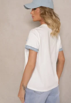 Biała Bawełniana Bluzka T-shirt Oversize z Ozdobnym Wykończeniem Mirnil