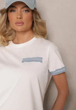 Biała Bawełniana Bluzka T-shirt Oversize z Ozdobnym Wykończeniem Mirnil