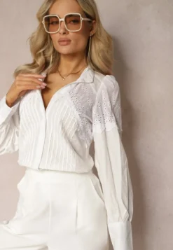 Biała Bawełniana Koszula w Stylu Retro ze Stójką Ozdobiona Ażurowymi Wstawkami Hesllema