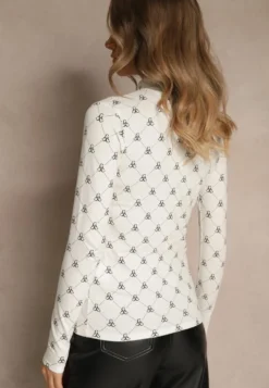 Biała Bluzka Longsleeve Półgolf z Bawełny Ozdobiona Geometrycznym Nadrukiem Zantila