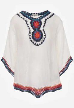 Biała Bluzka Narzutka w Stylu Boho z Rękawem 3/4 Dimiara