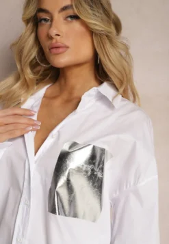 Biała Koszula z Bawełny z Imitacją Kieszeni o Metalicznym Wykończeniu Hecilla