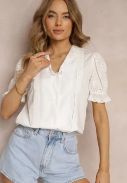 Biała Koszula z Bufiastymi Rękawami i Koronkowymi Wstawkami Rathima