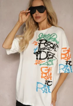 Biała Koszulka T-shirt z Napisami w Stylu Graffiti z Bawełny Venoma