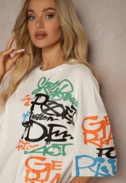 Biała Koszulka T-shirt z Napisami w Stylu Graffiti z Bawełny Venoma