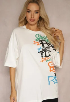 Biała Koszulka T-shirt z Napisami w Stylu Graffiti z Bawełny Venoma