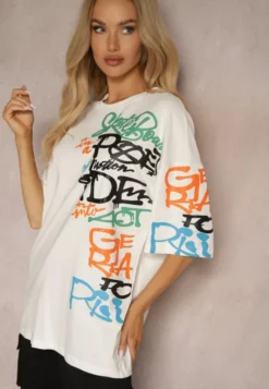 Biała Koszulka T-shirt z Napisami w Stylu Graffiti z Bawełny Venoma