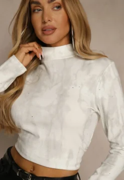 Biała Marszczona Bluzka Longsleeve z Półgolfem Ralinda