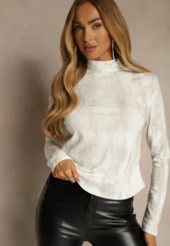 Biała Marszczona Bluzka Longsleeve z Półgolfem Ralinda