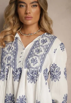 Biała Wiskozowa Bluzka w Stylu Boho z Falbanką Zdobiona Haftem i Wiązaniem Aerraza