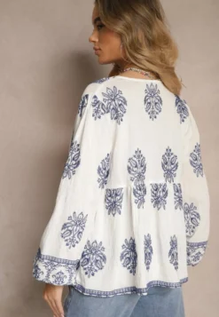 Biała Wiskozowa Bluzka w Stylu Boho z Falbanką Zdobiona Haftem i Wiązaniem Aerraza