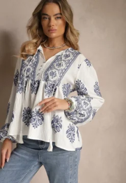 Biała Wiskozowa Bluzka w Stylu Boho z Falbanką Zdobiona Haftem i Wiązaniem Aerraza