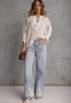 Biała Wiązana Bluzka w Stylu Boho z Tencelu z Koralikami i Koronką Helotis