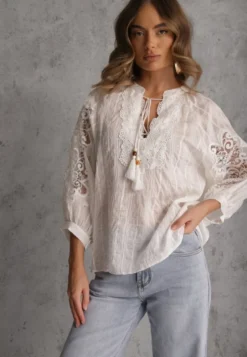 Biała Wiązana Bluzka w Stylu Boho z Tencelu z Koralikami i Koronką Helotis