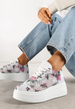 Białe Ażurowe Sneakersy Vices na Platformie w Kwiaty Halvisa