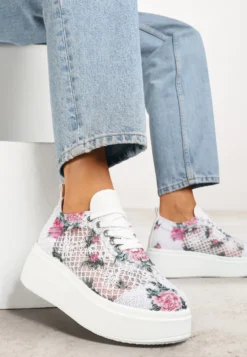 Białe Ażurowe Sneakersy Vices na Platformie w Kwiaty Halvisa