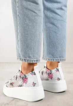 Białe Ażurowe Sneakersy Vices na Platformie w Kwiaty Halvisa