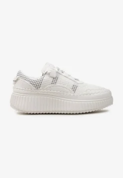 Białe Casualowe Sneakersy z Wiązaniem na Wzorzystej Grubej Podeszwie Aniata