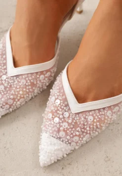Białe Cekinowe Czółenka VICES Slingback na Szpilce z Noskiem w Szpic Ozdobione Perłami i Koralikami Kleomene