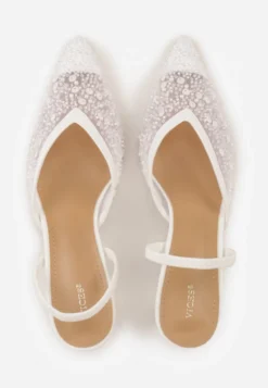 Białe Cekinowe Czółenka VICES Slingback na Szpilce z Noskiem w Szpic Ozdobione Perłami i Koralikami Kleomene