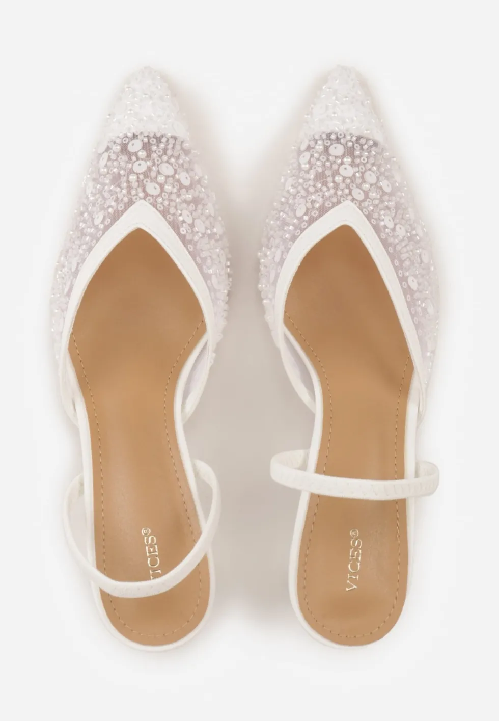 Białe Cekinowe Czółenka VICES Slingback na Szpilce z Noskiem w Szpic Ozdobione Perłami i Koralikami Kleomene