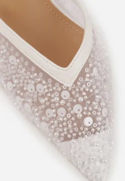 Białe Cekinowe Czółenka VICES Slingback na Szpilce z Noskiem w Szpic Ozdobione Perłami i Koralikami Kleomene