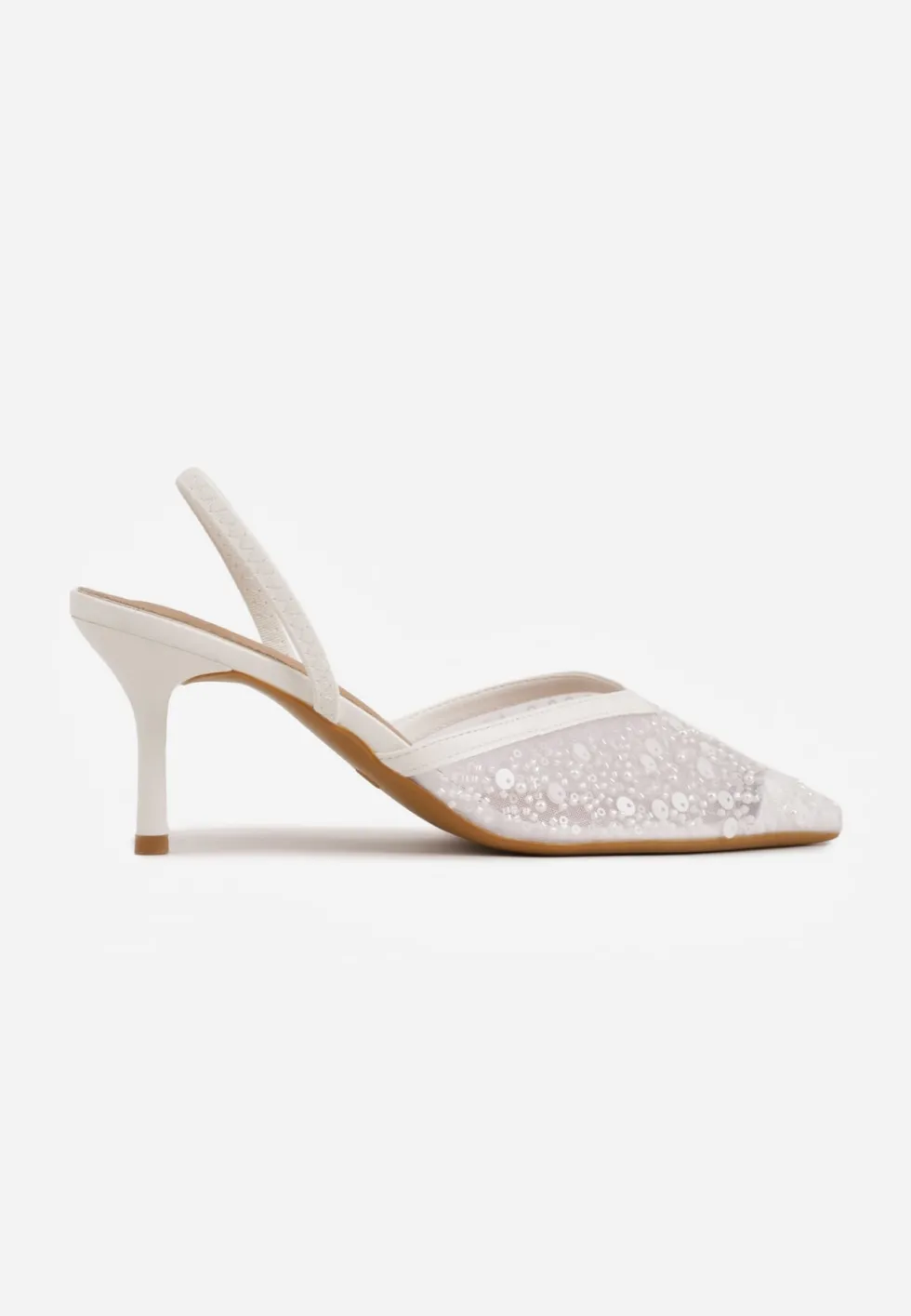 Białe Cekinowe Czółenka VICES Slingback na Szpilce z Noskiem w Szpic Ozdobione Perłami i Koralikami Kleomene