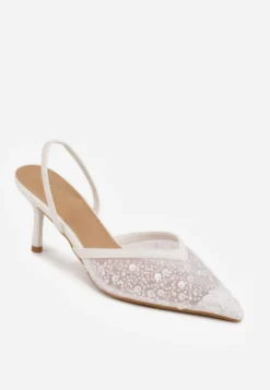 Białe Cekinowe Czółenka VICES Slingback na Szpilce z Noskiem w Szpic Ozdobione Perłami i Koralikami Kleomene