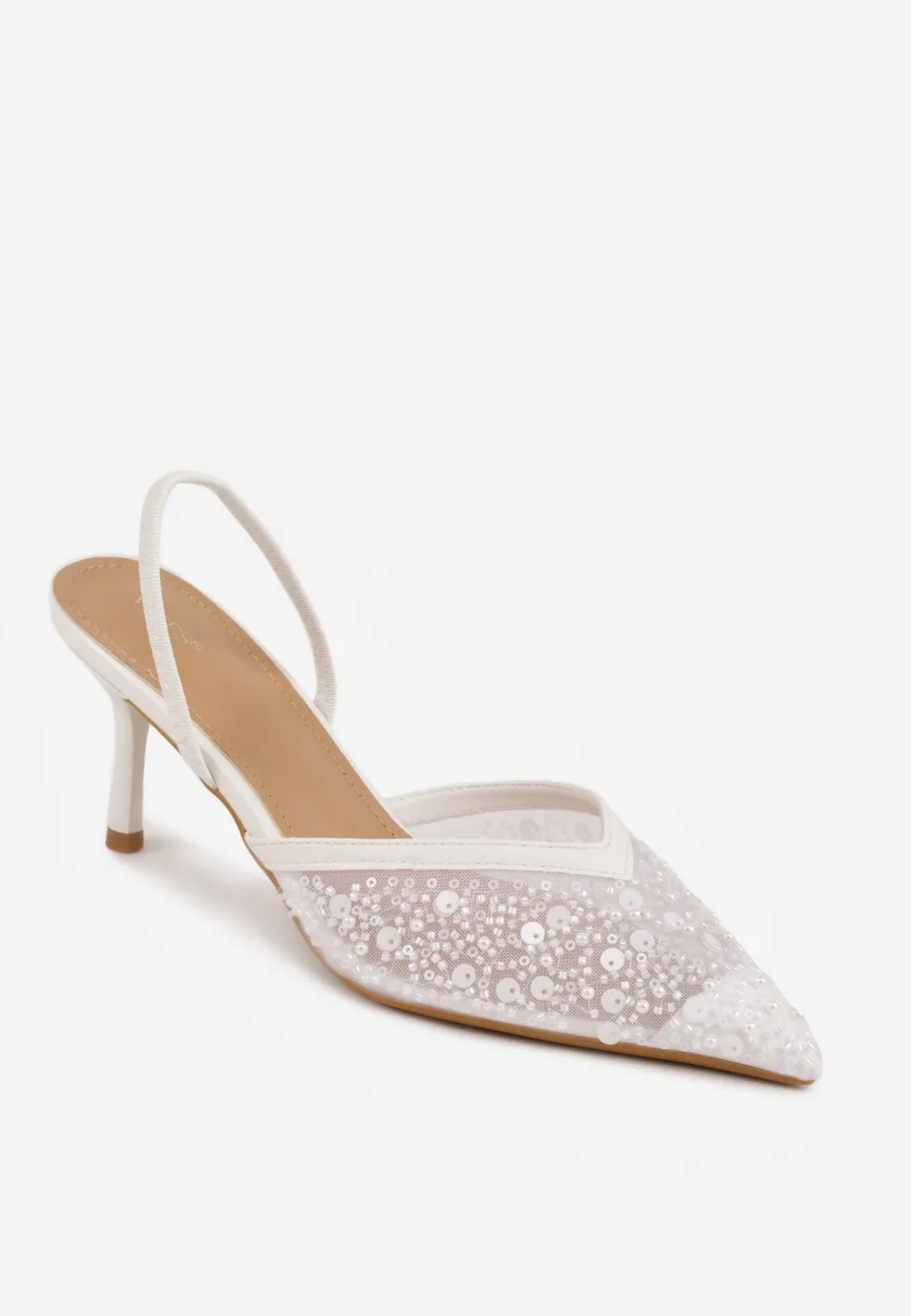 Białe Cekinowe Czółenka VICES Slingback na Szpilce z Noskiem w Szpic Ozdobione Perłami i Koralikami Kleomene