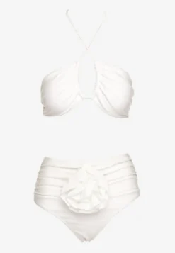Białe 2-Częściowe Bikini Stanik Zapinany przy Szyi z Wiązaniem Figi z Wysokim Stanem Nanselian
