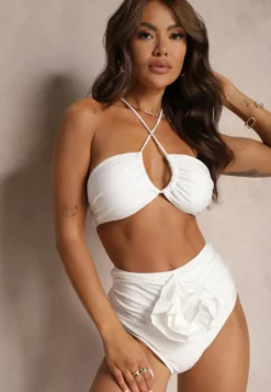Białe 2-Częściowe Bikini Stanik Zapinany przy Szyi z Wiązaniem Figi z Wysokim Stanem Nanselian
