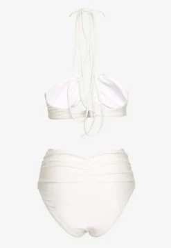 Białe 2-Częściowe Bikini Stanik Zapinany przy Szyi z Wiązaniem Figi z Wysokim Stanem Nanselian