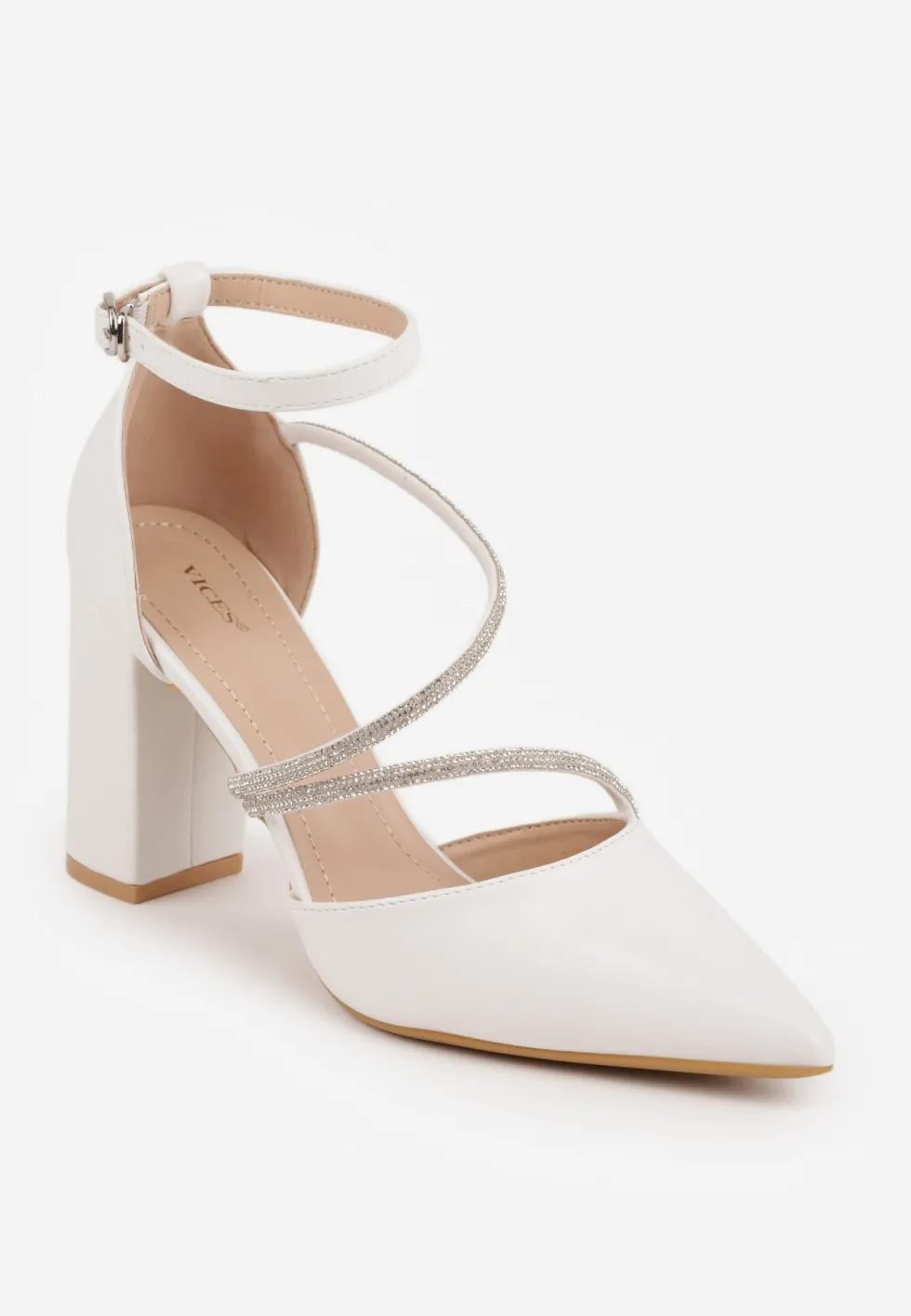 Białe Czółenka VICES na Słupku z Eleganckimi Paseczkami z Cyrkoniami Sirevianna