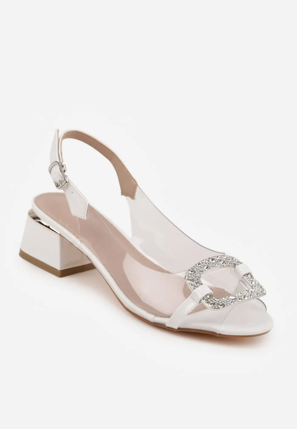 Białe Eleganckie Sandały VICES z Transparentną Cholewką i Klamrą z Cyrkoniami Qinieth