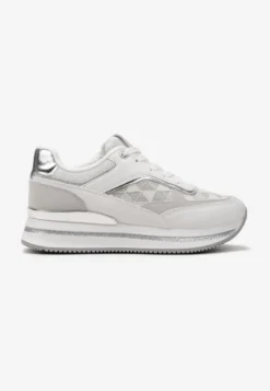 Białe Eleganckie Sneakersy z Brokatem i Metalicznymi Naszywkami Desmerana