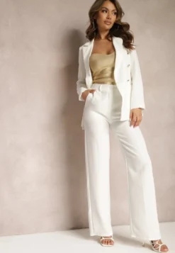 Białe Garniturowe Spodnie High Waist z Kieszeniami Blathe