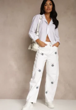 Białe Jeansy Balloon High Waist z Kwiatowym Haftem Irolyn