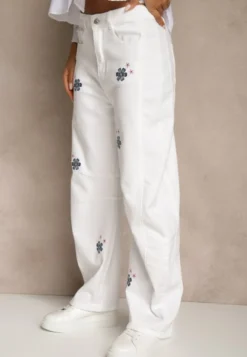Białe Jeansy Balloon High Waist z Kwiatowym Haftem Irolyn