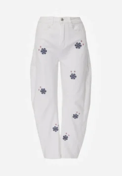 Białe Jeansy Balloon High Waist z Kwiatowym Haftem Irolyn