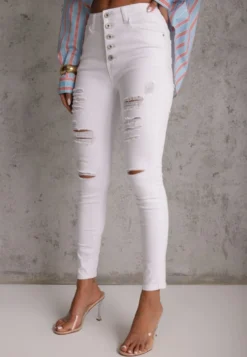 Białe Jeansy Skinny z Wysokim Stanem Yholo