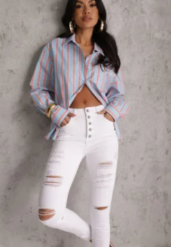 Białe Jeansy Skinny z Wysokim Stanem Yholo