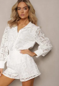 Białe Koronkowe Szorty High Waist przed Kolano Leporiana